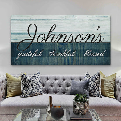 Family Grateful Sign III canvas wall art with distressed wood background and script Johnson's text on Tampa Home & Garden Store