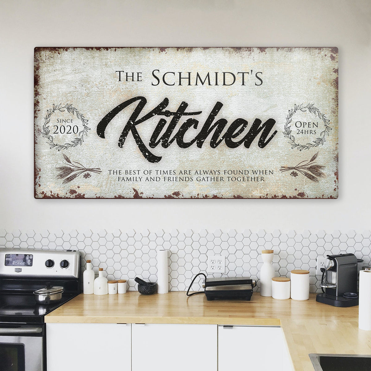 Kitchen Sign II canvas wall art in rustic distressed beige finish by Tailored Canvases on Tampa Home & Garden Store