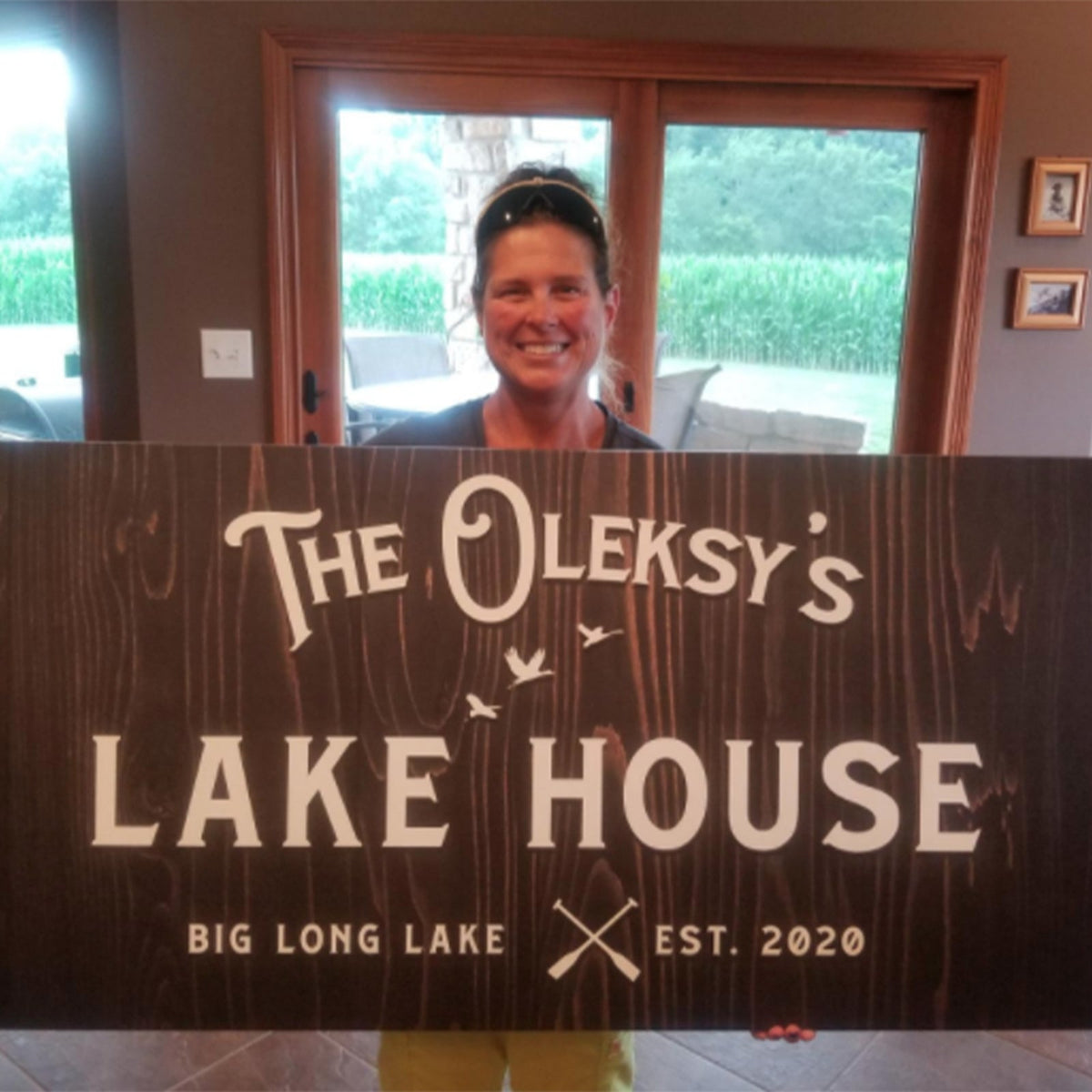 Rustic Family Lake House Sign canvas with white lettering on dark wood backdrop on Tampa Home & Garden Store