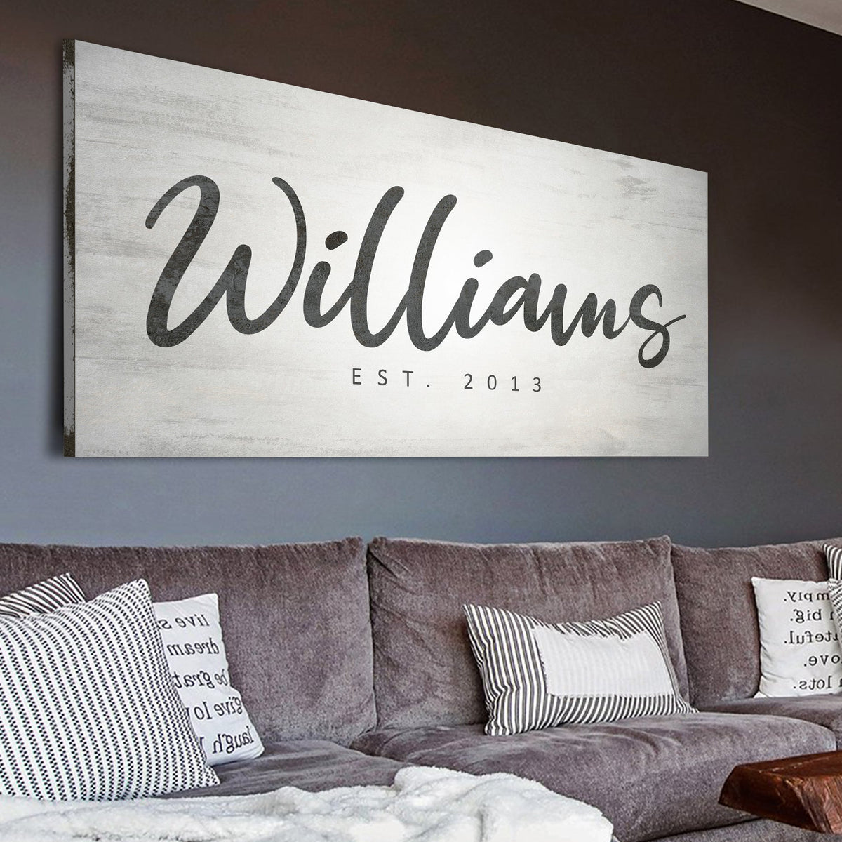 Family Name Sign IV canvas wall art with whitewashed wood texture and black script EST 2013 on Tampa Home & Garden Store