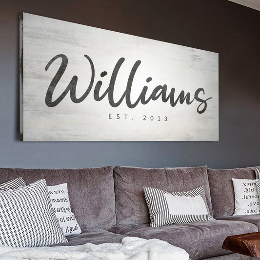 Family Name Sign IV canvas wall art with whitewashed wood texture and black script EST 2013 on Tampa Home & Garden Store