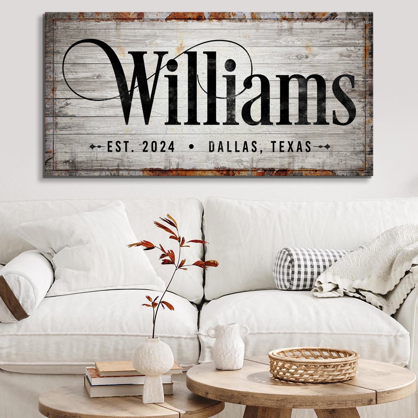 Family Sign XXIV canvas wall art in rustic wood by Tailored Canvases with Williams script on Tampa Home & Garden Store