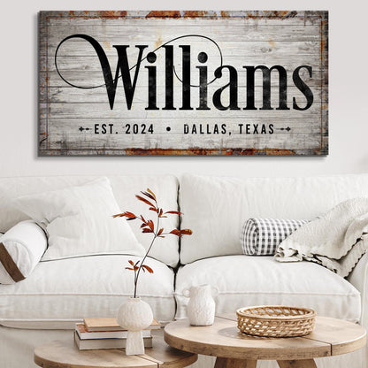 Family Sign XXIV canvas wall art in rustic wood by Tailored Canvases with Williams script on Tampa Home & Garden Store