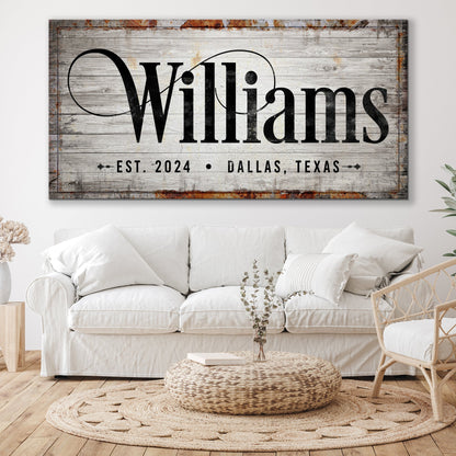 Family Sign XXIV canvas with rustic weathered wood and black Williams typography on Tampa Home & Garden Store
