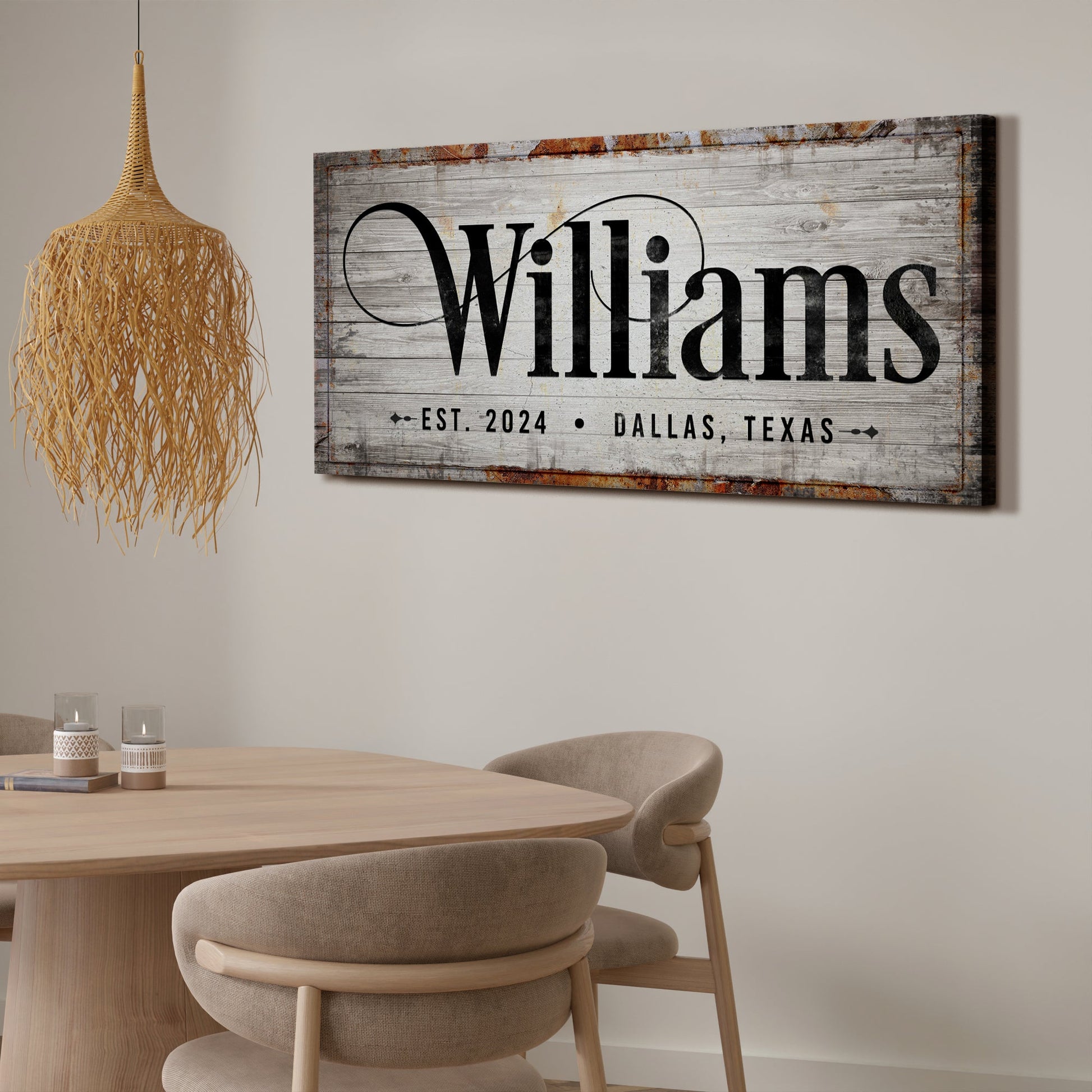 Family Sign XXIV canvas with rustic wood backdrop and black lettering Est 2024 Tailored Canvases on Tampa Home & Garden Store
