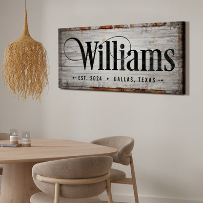 Family Sign XXIV canvas with rustic wood backdrop and black lettering Est 2024 Tailored Canvases on Tampa Home & Garden Store