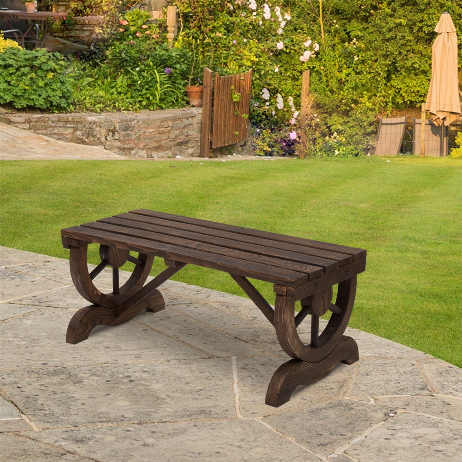 FarmHome Rustic Fir Wood Wheel Outdoor Garden Bench - Tampa Home & Garden Store
