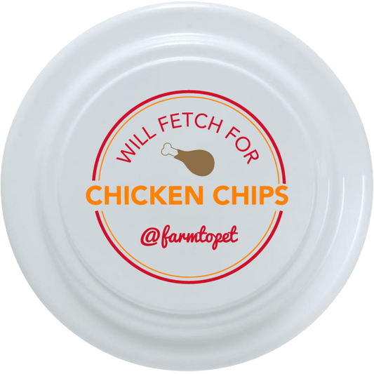 Dog Frisbee Will Fetch for Chicken Chips by Farm To Pet, white plastic disc on Tampa Home & Garden Store