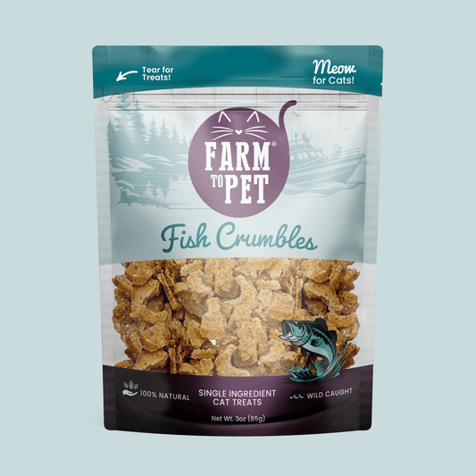 Farm To Pet Fish Crumbles for Cats all-natural fish cat treats in a teal and white bag on Tampa Home & Garden Store