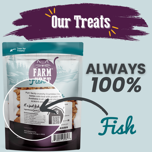 Fish Crumbles for Cats crumble in teal Farm To Pet bag; all-natural fish cat treats on Tampa Home & Garden Store