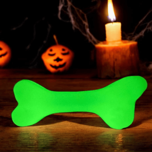 Dog treat dispenser by Farm To Pet in neon green bone shape with Halloween pumpkins and candle on Tampa Home & Garden Store