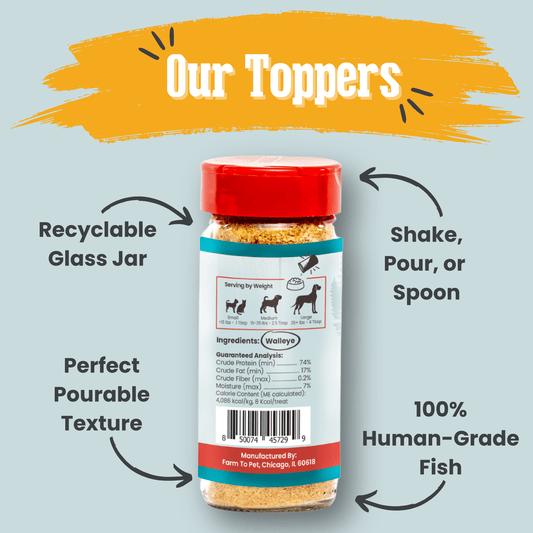 Treat Topper Fish Dog Food Topper by Farm To Pet, low-fat in a glass jar with red lid on Tampa Home & Garden Store