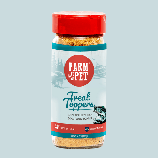 Treat Topper Fish Dog Food Topper Farm To Pet red-cap bottle with teal label on Tampa Home & Garden Store