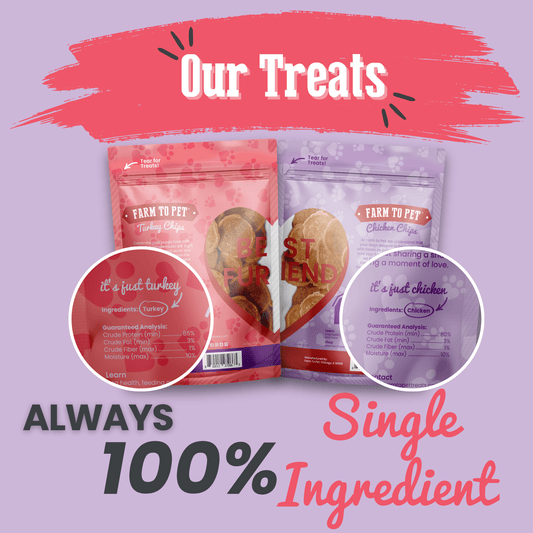 Puppy Love Poultry Chip Duo dog treats, two pink and purple Farm To Pet bags on Tampa Home & Garden Store