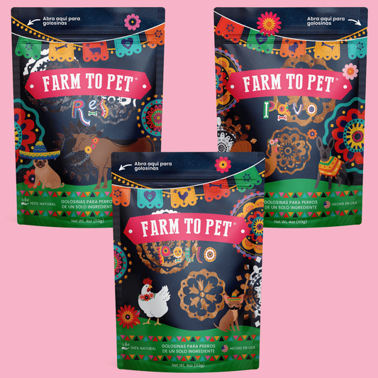 Farm To Pet Fiesta Pack dog treats variety bundle 3 colorful navy bags with festive flags design on Tampa Home & Garden Store