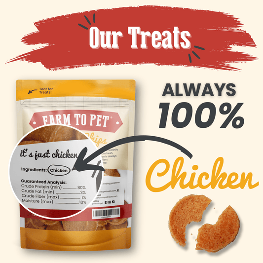 Chicken Chips dog treats by Farm To Pet in orange packaging, all-natural single-ingredient on Tampa Home & Garden Store