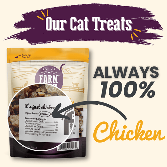 Chicken Crumbles Cat Treats Farm To Pet in an orange-topped bag with purple Farm To Pet logo on Tampa Home & Garden Store