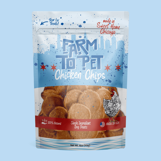 Farm To Pet Chicago Chicken Chips dog treats bag, single-ingredient chicken chips, 4 oz urban skyline design on Tampa Home & Garden Store