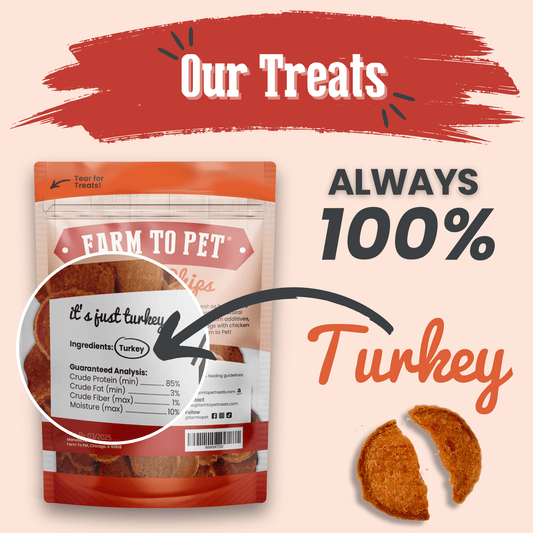 Farm To Pet Turkey Chips for Dogs single-ingredient turkey dog treats in orange packaging on Tampa Home & Garden Store