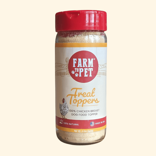 Farm To Pet Treat Topper Chicken Dog Food Topper bottle with red cap dog treat supplement on Tampa Home & Garden Store