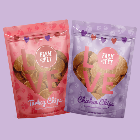 Puppy Love Dog Treat Duo Poultry Chip Pack two red and purple bags with hearts Farm To Pet on Tampa Home & Garden Store
