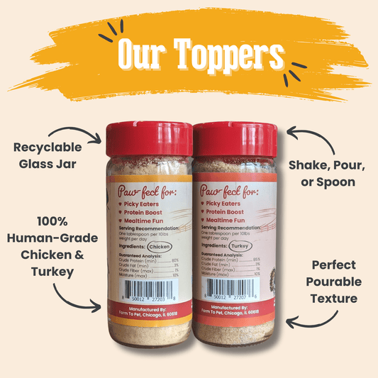 Chicken & Turkey Dog Food Topper Bundle by Farm To Pet in 2 glass jars with red lids on Tampa Home & Garden Store