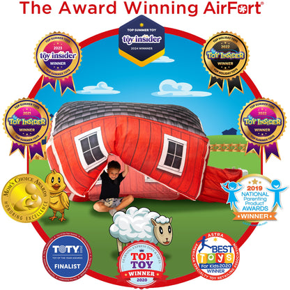 AirFort Farmers Barn inflatable play fort, red barn exterior, white window frames, AirFort.com on Tampa Home & Garden Store