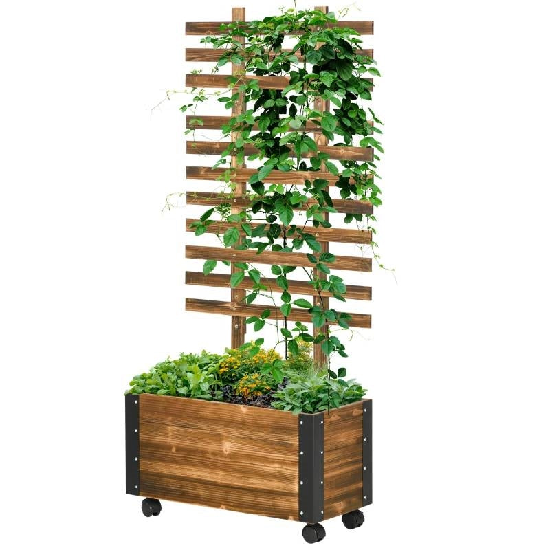 Farmhouse Rustic Wooden Raised Garden Bed Planter with Trellis on Wheels - Tampa Home & Garden Store