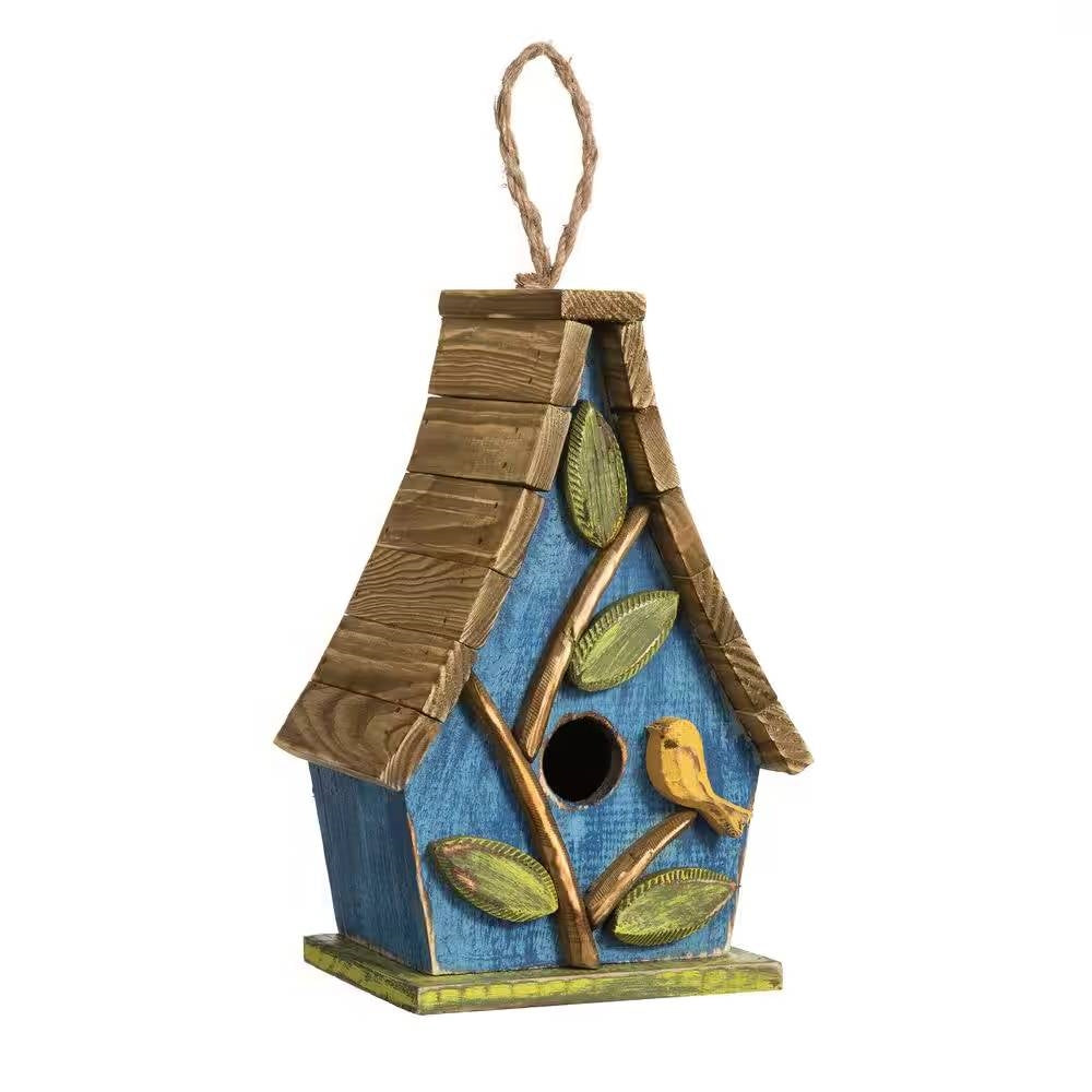 Farmhouse Solid Wood Hanging Birdhouse in Blue Green Yellow Brown - Tampa Home & Garden Store