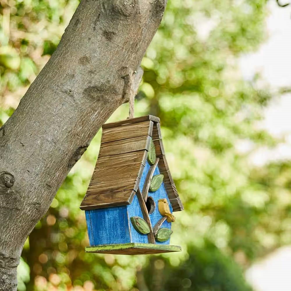 Farmhouse Solid Wood Hanging Birdhouse in Blue Green Yellow Brown - Tampa Home & Garden Store