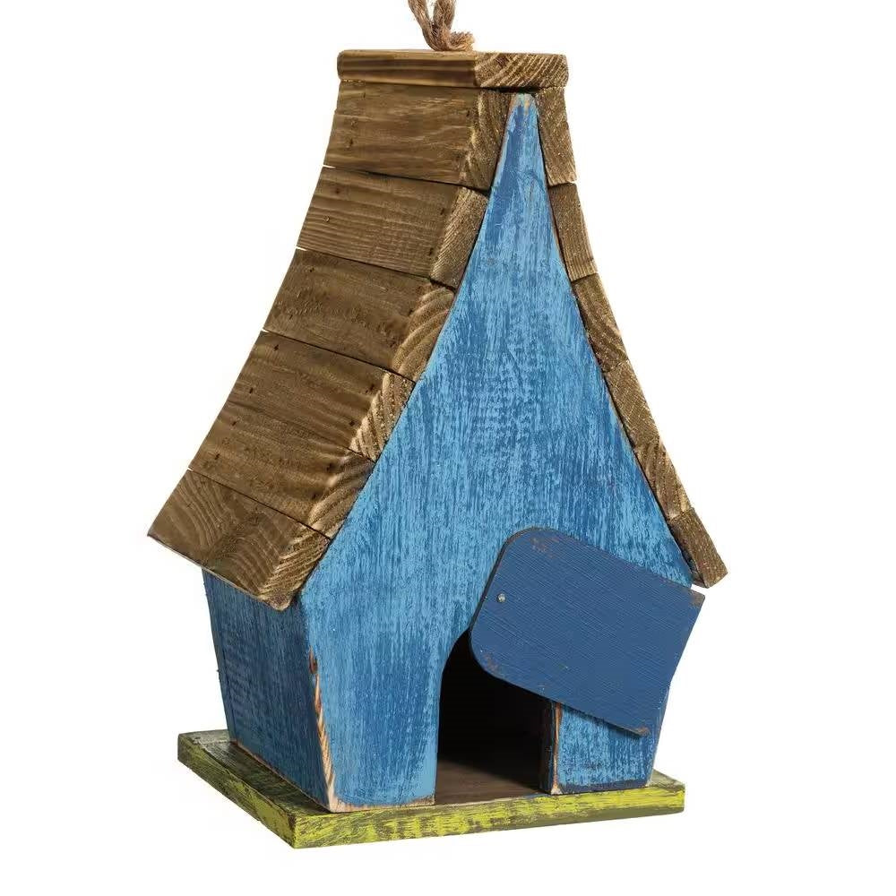 Farmhouse Solid Wood Hanging Birdhouse in Blue Green Yellow Brown - Tampa Home & Garden Store