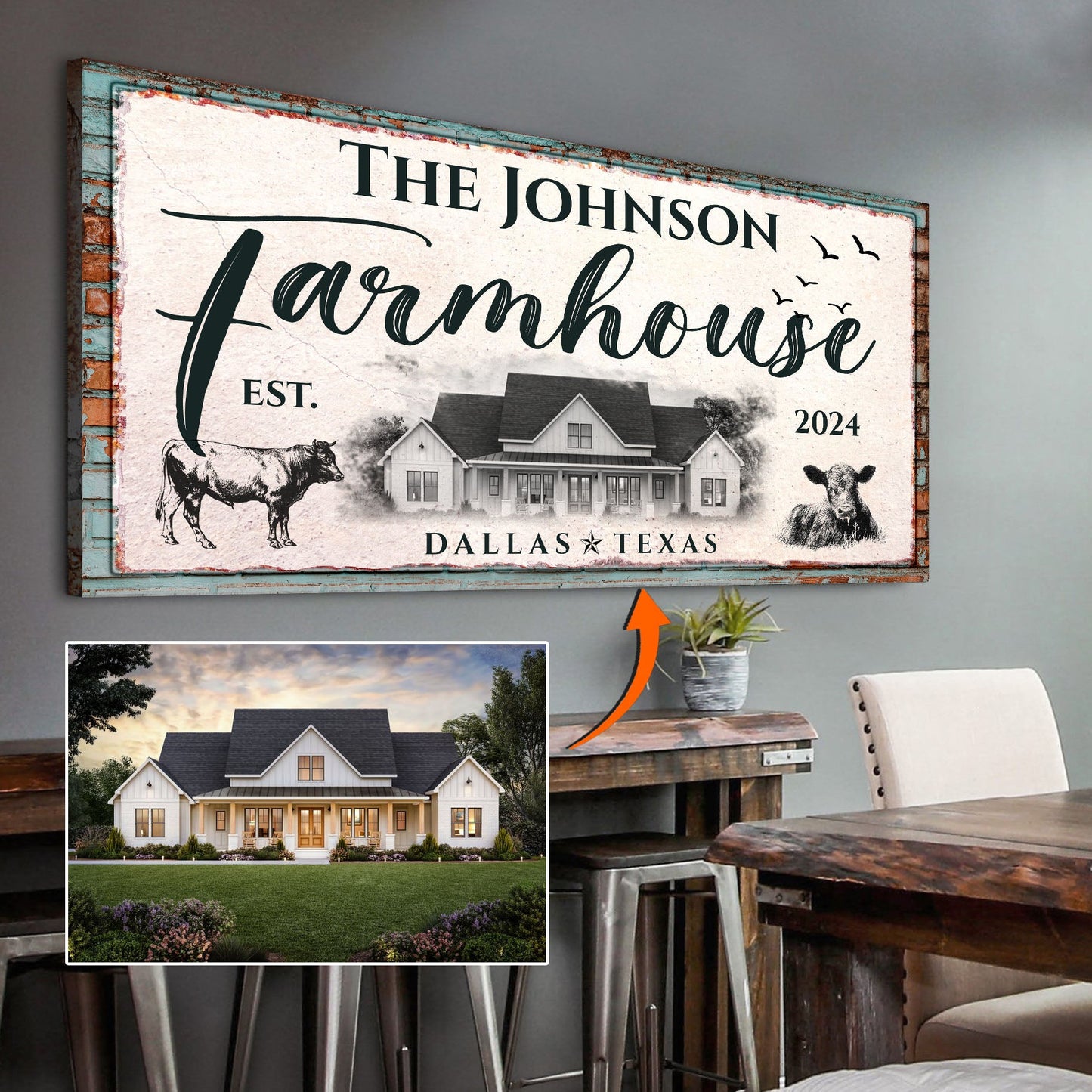 Custom Farmhouse Sign II canvas by Tailored Canvases with teal distressed frame Dallas on Tampa Home & Garden Store