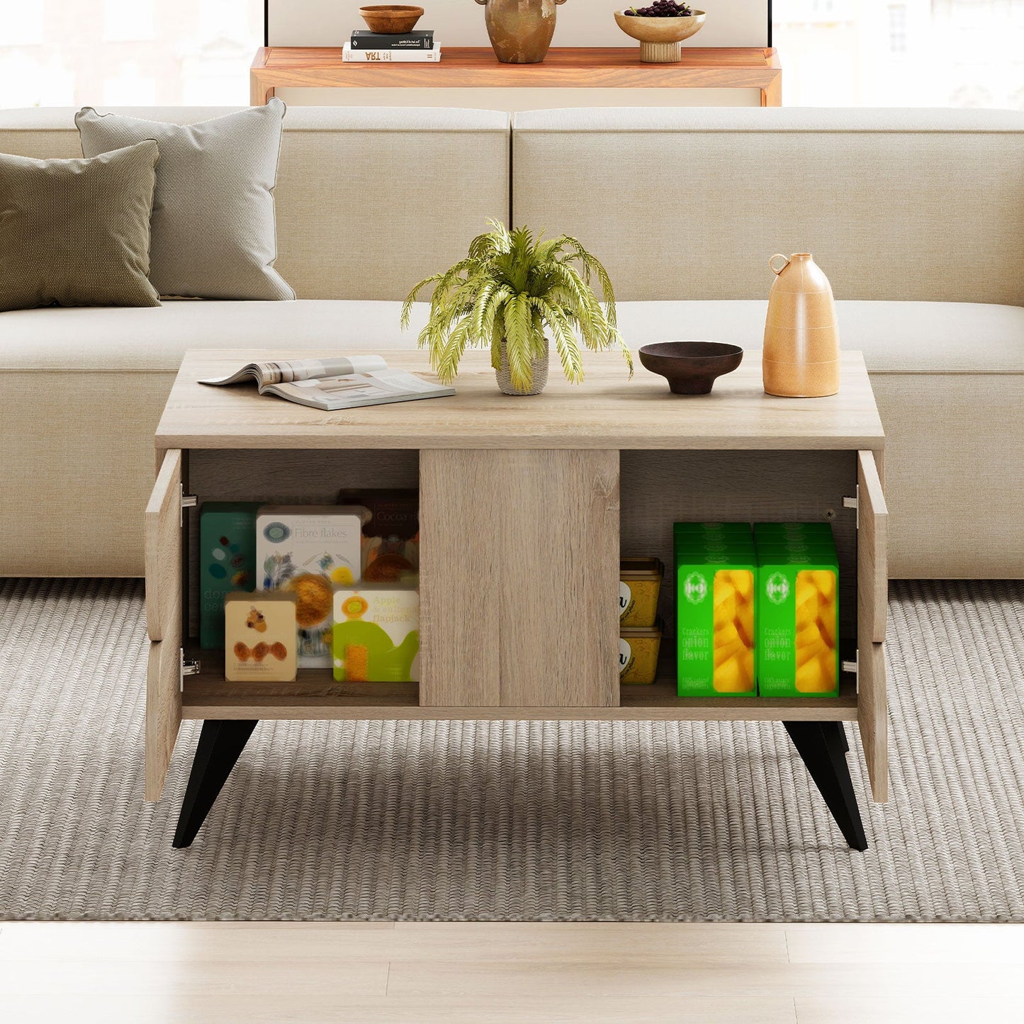 Farmhouse Accent Modern Coffee Table with Storage for Living Room Bedroom-Natural