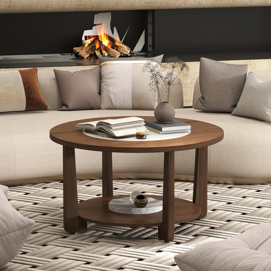 Farmhouse Accent Round Coffee Table with 2-Tone Tabletop and Open Storage Shelf for Living Room-Brown - Tampa Home & Garden Store