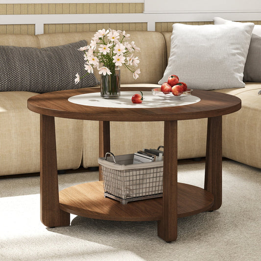 Farmhouse Accent Round Coffee Table with 2-Tone Tabletop and Open Storage Shelf for Living Room-Brown - Tampa Home & Garden Store
