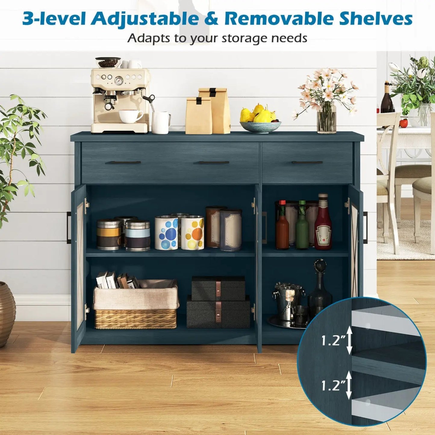 Farmhouse Buffet Sideboard 3 Door Kitchen Cabinet
