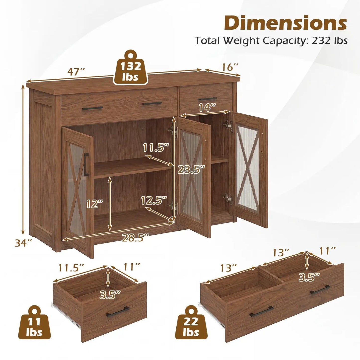 Farmhouse Buffet Sideboard 3 Door Kitchen Cabinet
