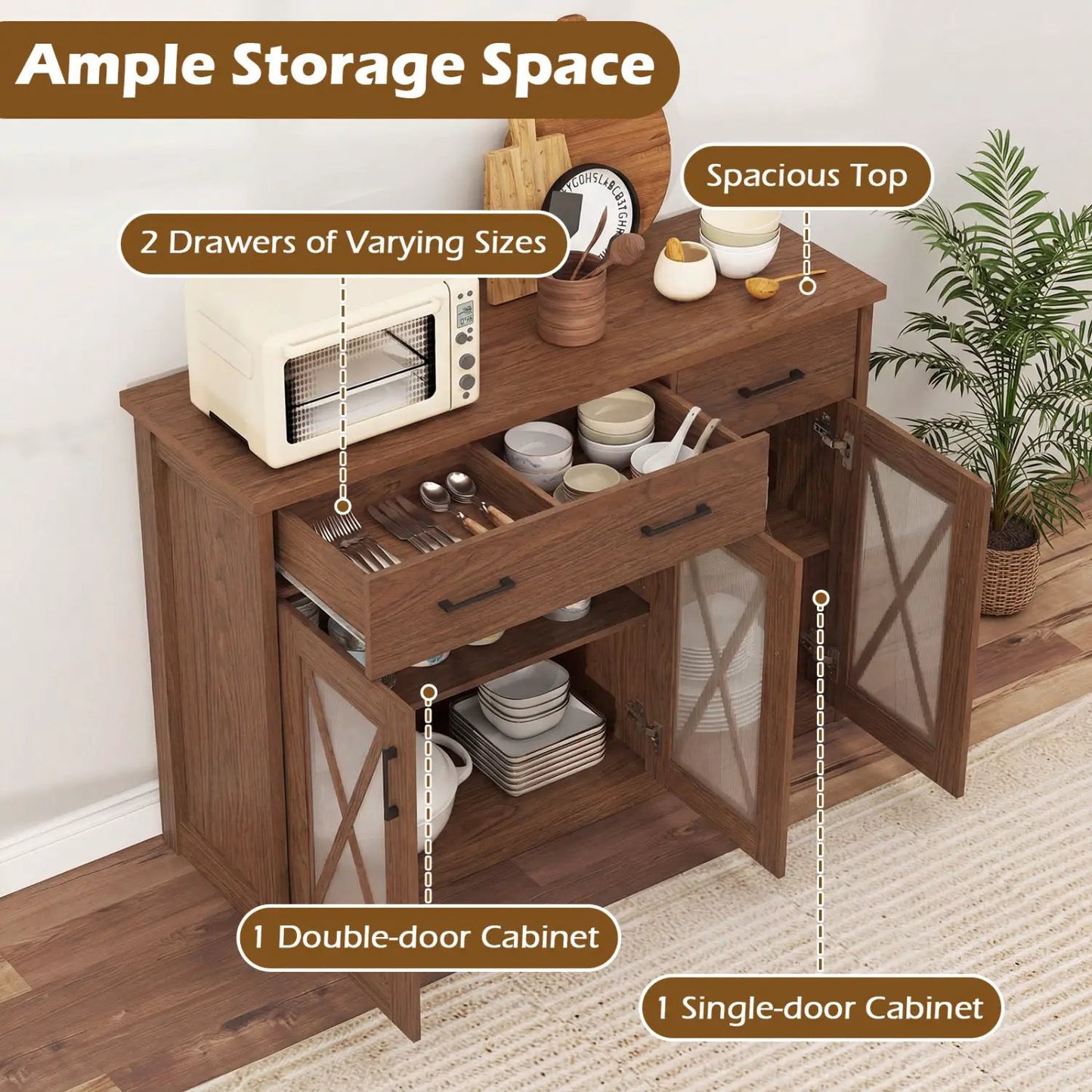 Farmhouse Buffet Sideboard 3 Door Kitchen Cabinet