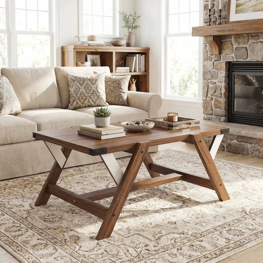 Farmhouse center table by DirectDeals with decorative nailhead accents in warm wood on Tampa Home & Garden Store