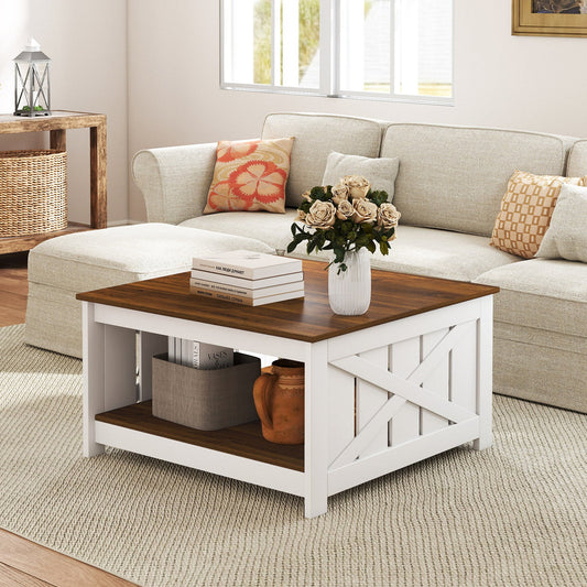 Farmhouse Coffee Table 31 Inch Square Coffee Table with Storage Shelf-White - Tampa Home & Garden Store