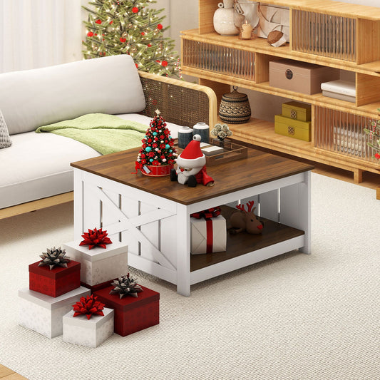 Farmhouse Coffee Table 31 Inch Square Coffee Table with Storage Shelf-White - Tampa Home & Garden Store