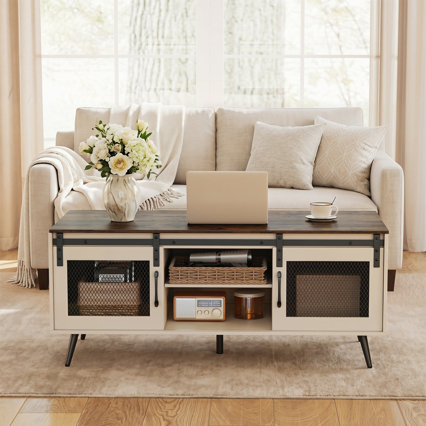 Farmhouse Coffee Table With Sliding Doors