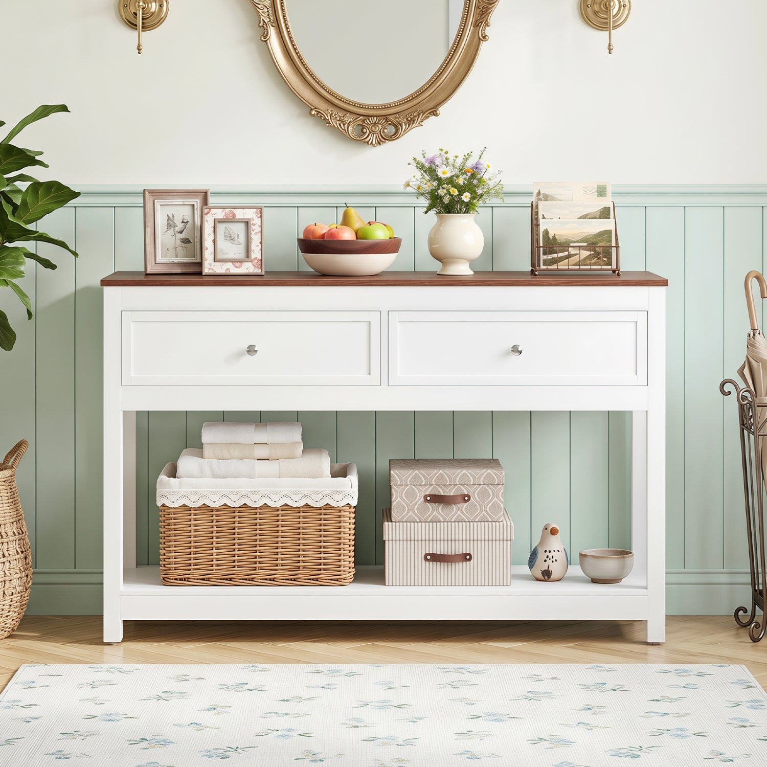 Console table with 2 drawers and open shelf, white with wood top, framed art and fruit bowl on Tampa Home & Garden Store