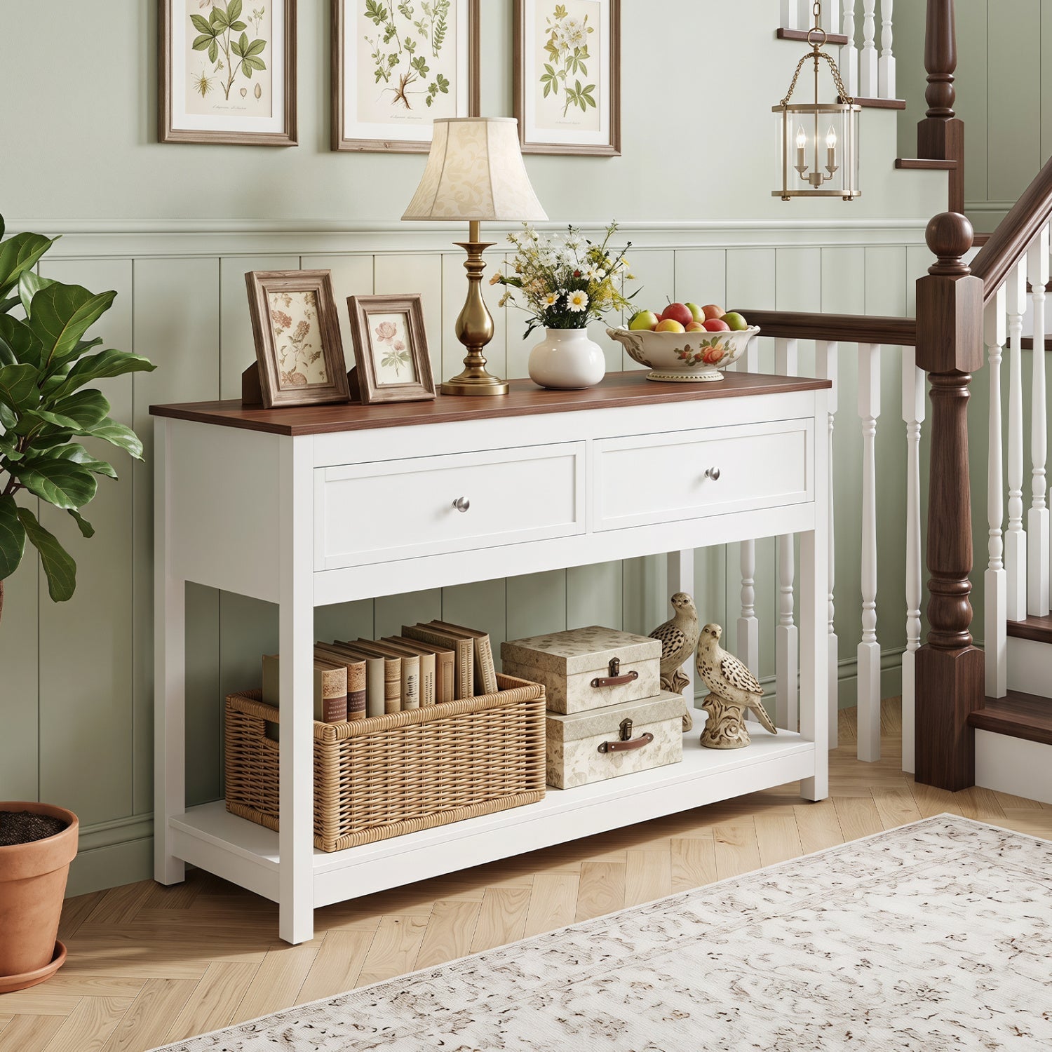 Console table with 2 drawers and open shelf in white with wood top, lamp and fruit bowl decor on Tampa Home & Garden Store