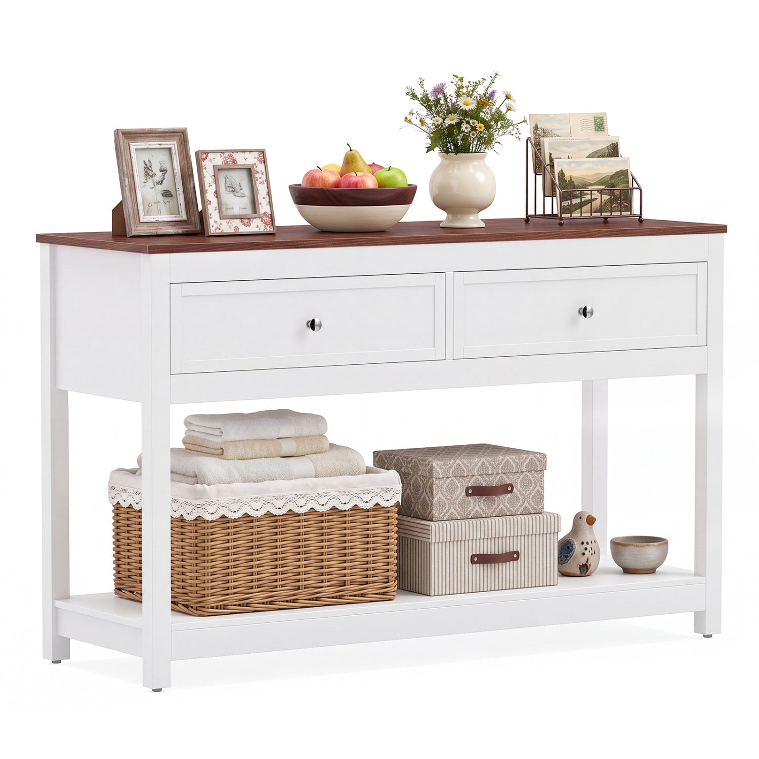 Console table with 2 drawers and open shelf in white with a warm wood top, decorative items on Tampa Home & Garden Store