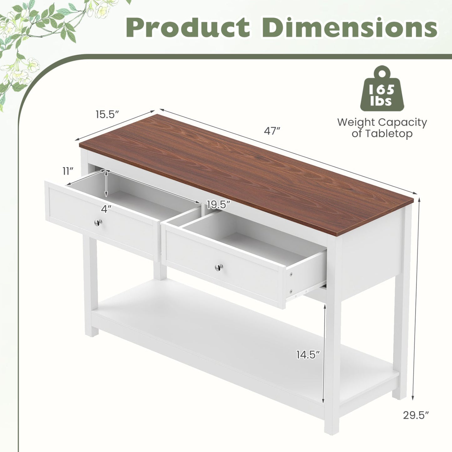 Console table DirectDeals white frame with wood-grain top, 2 drawers and open storage shelf on Tampa Home & Garden Store