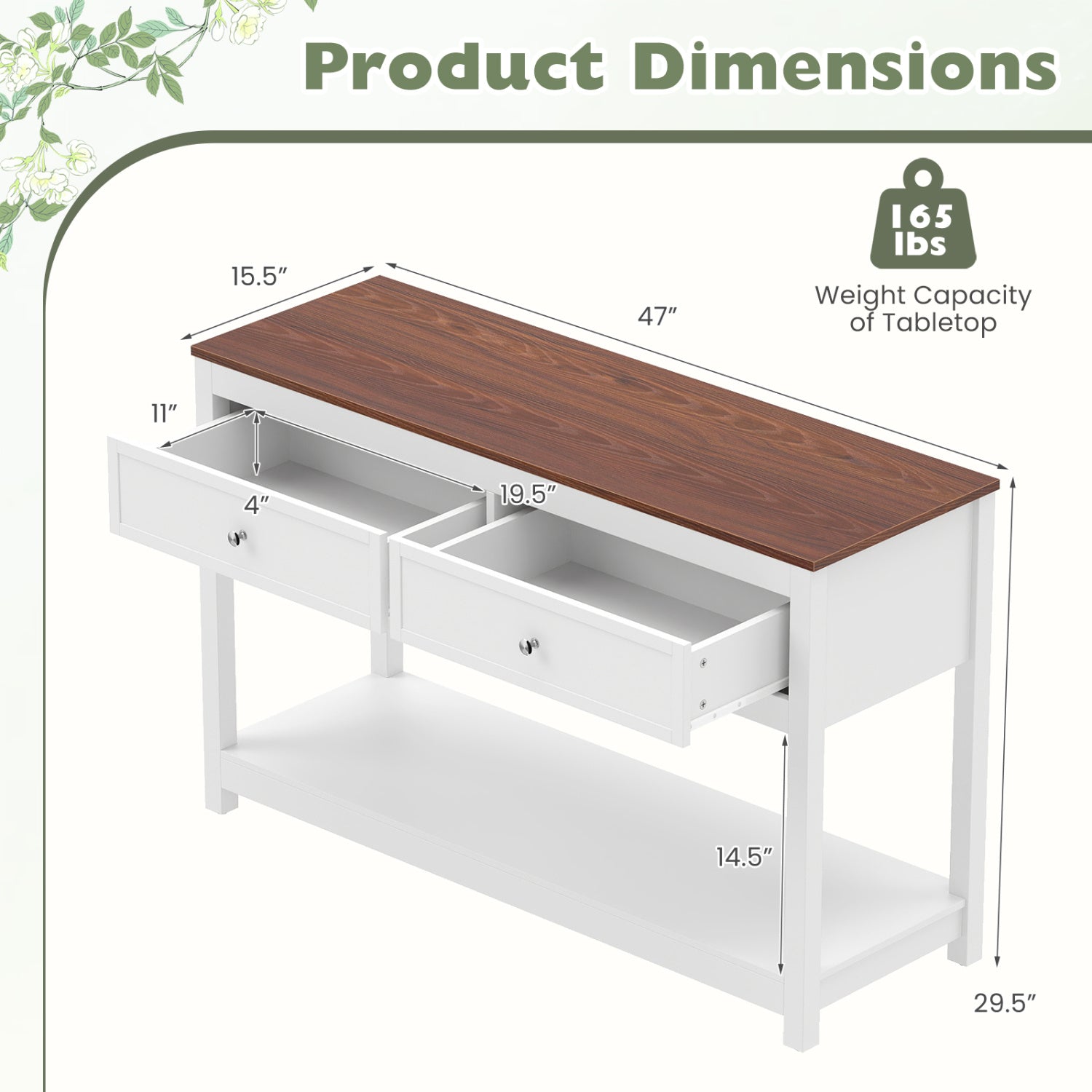 Console table DirectDeals white frame with wood-grain top, 2 drawers and open storage shelf on Tampa Home & Garden Store