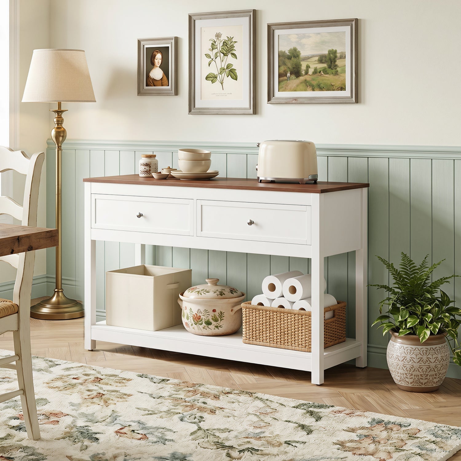 Console Table with 2 Drawers and Open Storage Shelf, white with wood top, toaster on top on Tampa Home & Garden Store