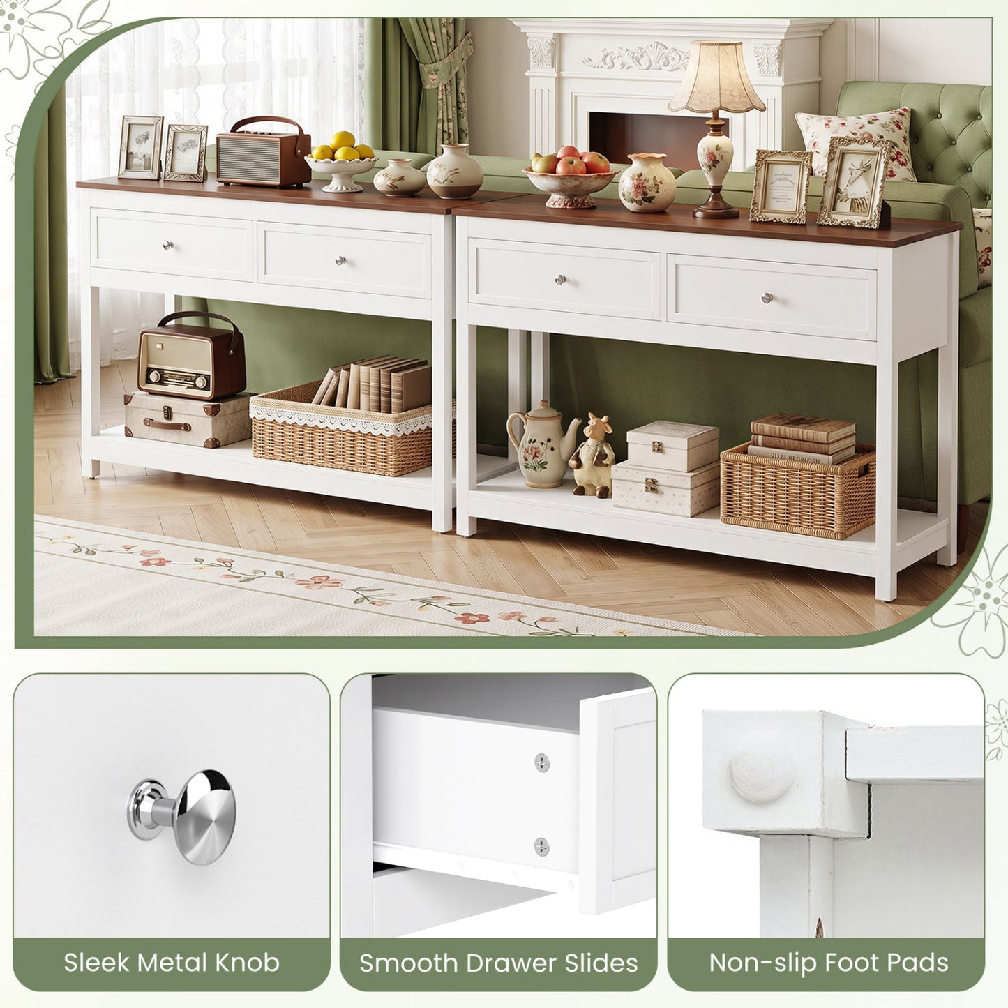 DirectDeals Console Table with 2 Drawers and Open Storage Shelf white frame dark wood top on Tampa Home & Garden Store