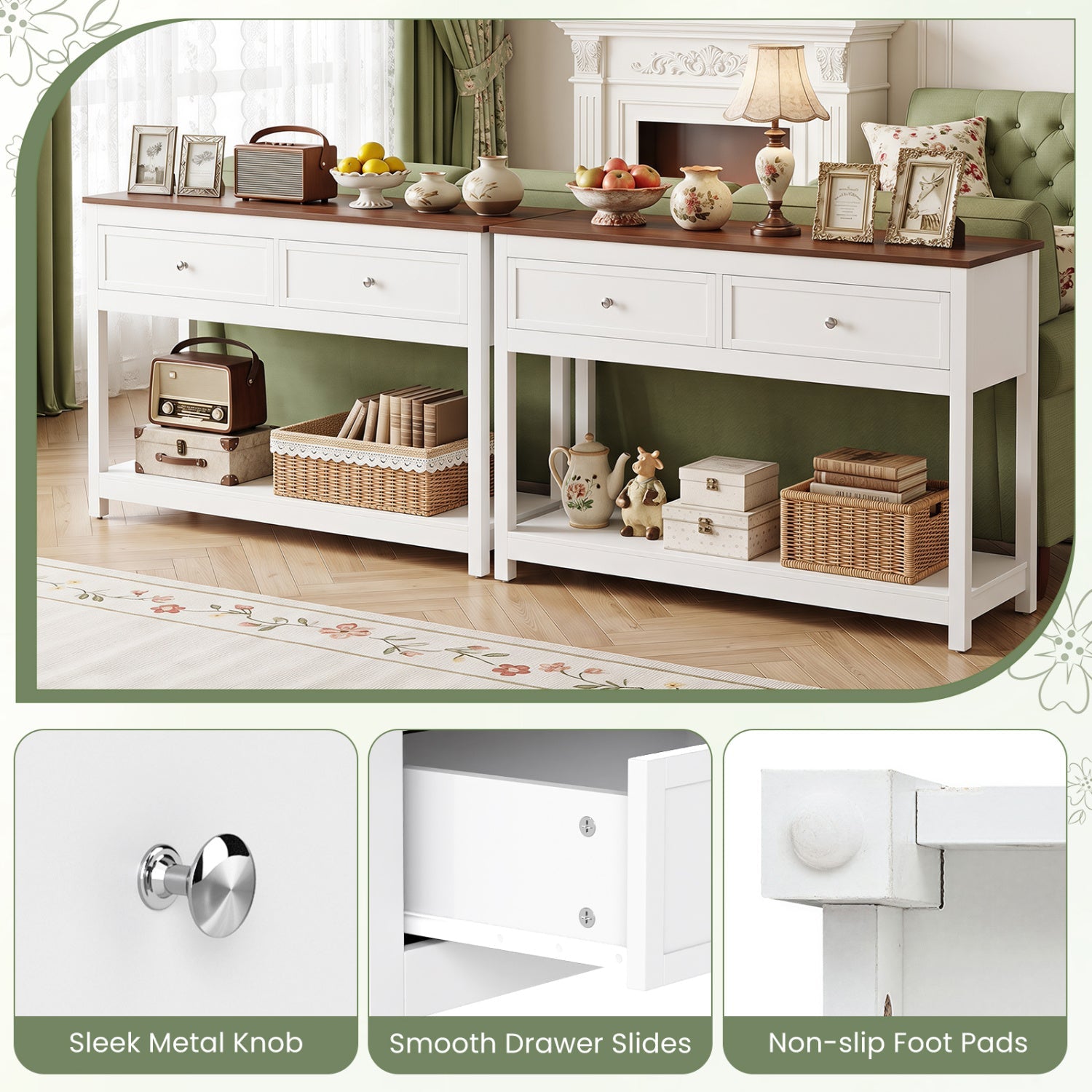 DirectDeals Console Table with 2 Drawers and Open Storage Shelf white frame dark wood top on Tampa Home & Garden Store